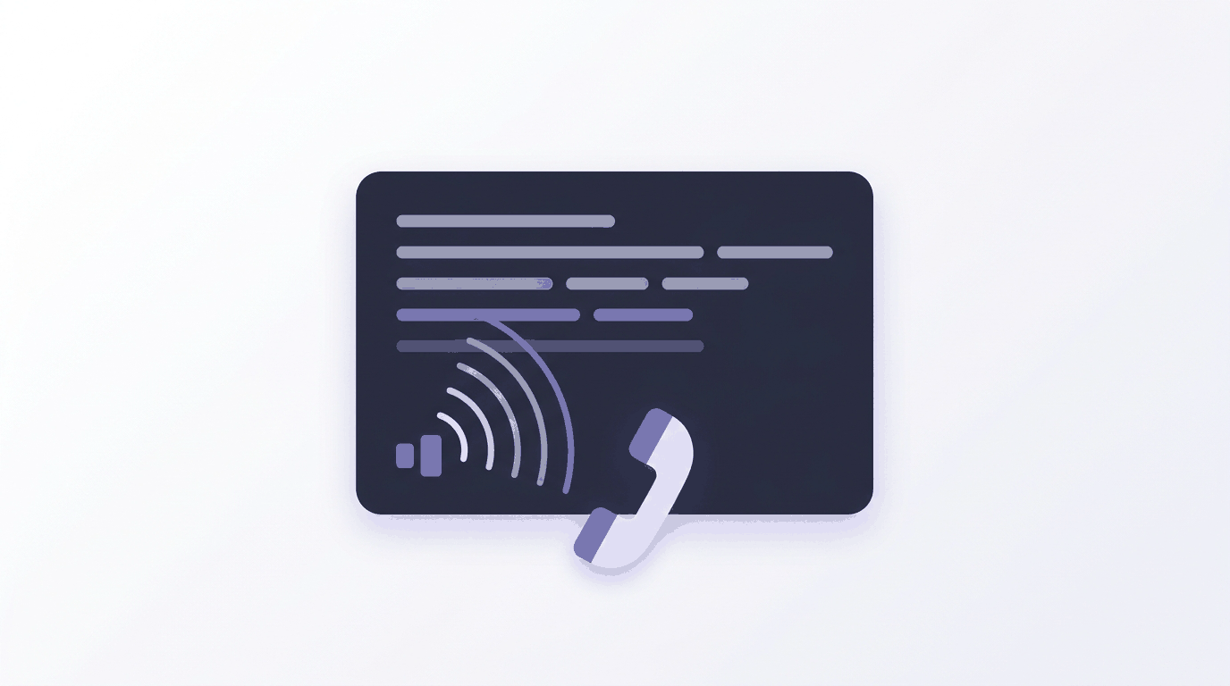 Illustration: a dark terminal window with a purple sound wave and a phone handset at its corner.