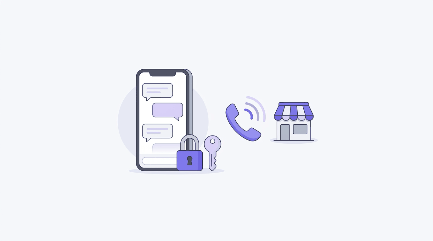 Illustration: a smartphone with chat bubbles beside a purple padlock and key, and a phone handset sending sound waves to a small shop.