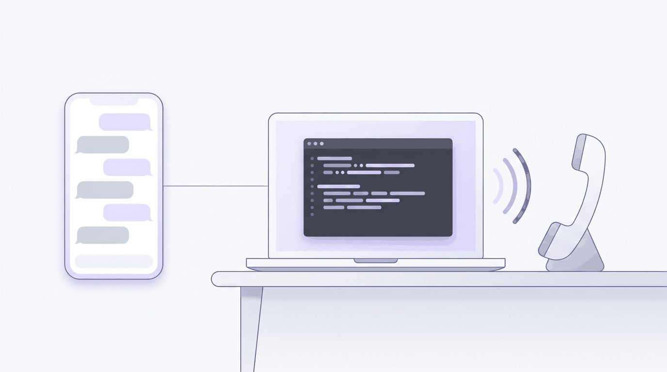 Illustration: a phone showing a chat conversation, wired to a laptop running a terminal, which sends purple sound waves to a phone handset.