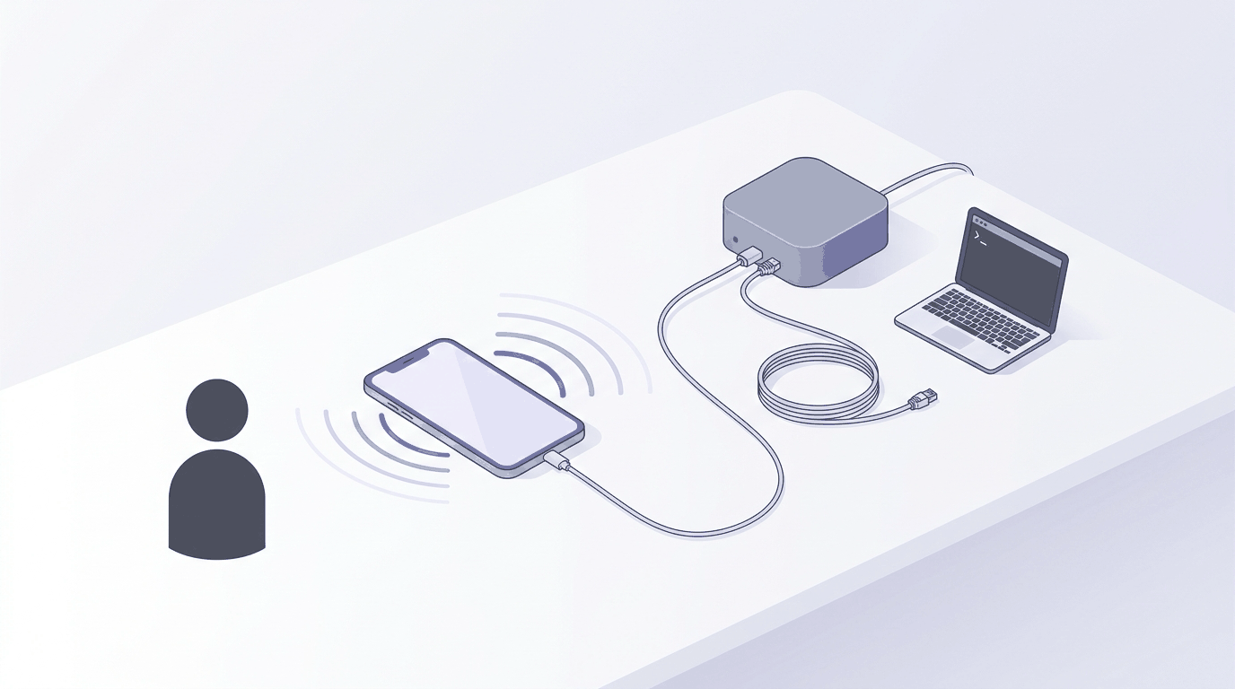 Illustration: a ringing smartphone on a desk wired to a small server box and a laptop with a terminal, calling a faceless silhouette of its owner.