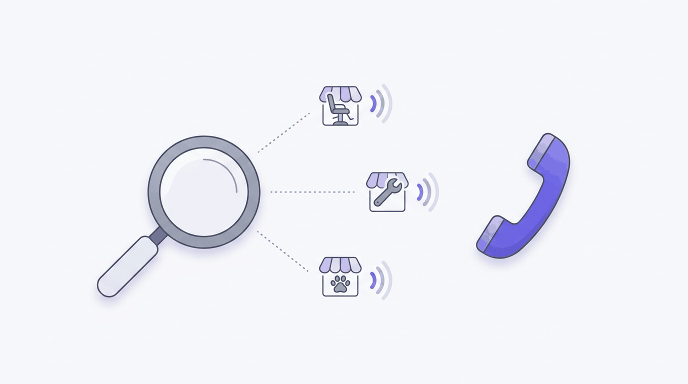Illustration: a magnifying glass linked by dotted lines to three small storefronts (a salon chair, a wrench, a paw print), and a purple phone handset.