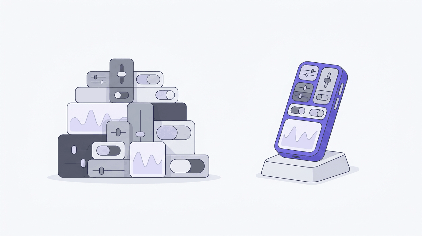 Illustration: a pile of modular blocks, sliders and waveform tiles on the left, and the same parts assembled into one purple phone on a pedestal on the right.