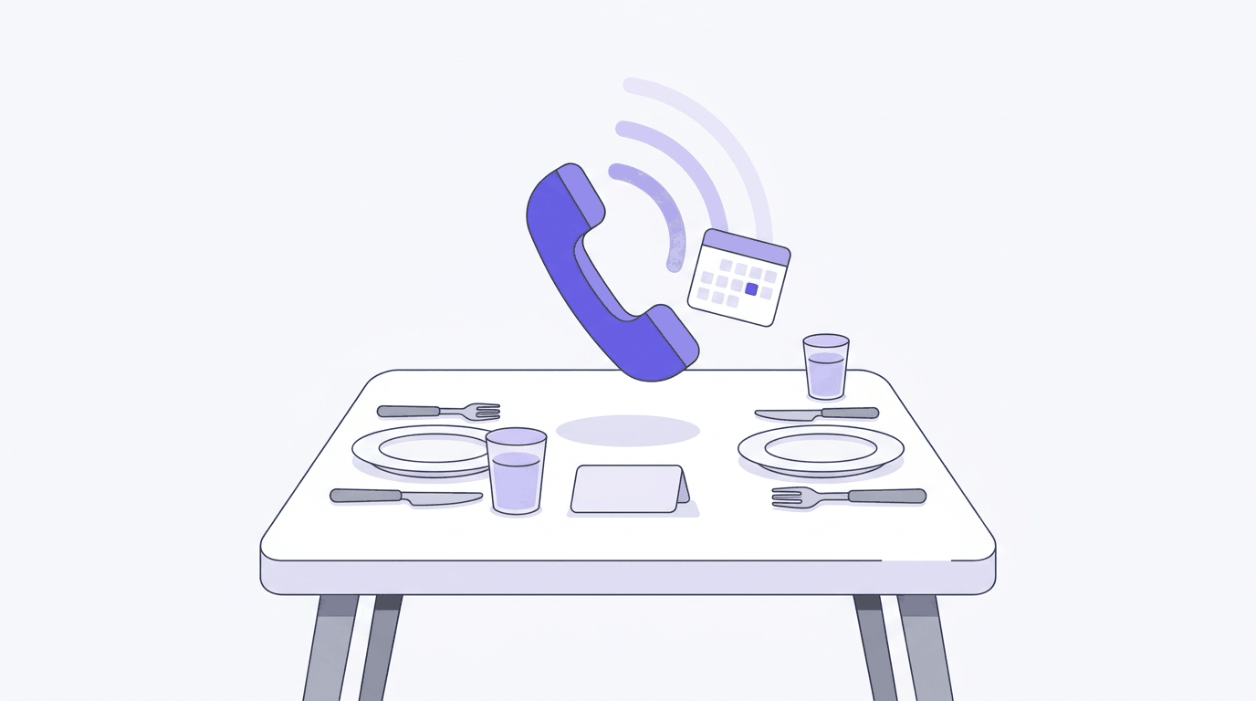Illustration: a restaurant table set for two with a blank reservation card, and a purple phone handset with a small calendar floating above it.