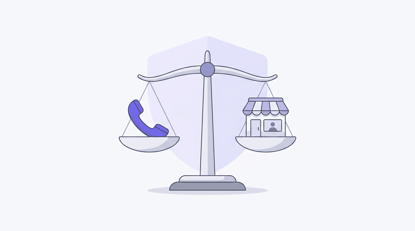 Illustration: balanced scales with a purple phone handset on one pan and a small storefront on the other, in front of a pale shield.