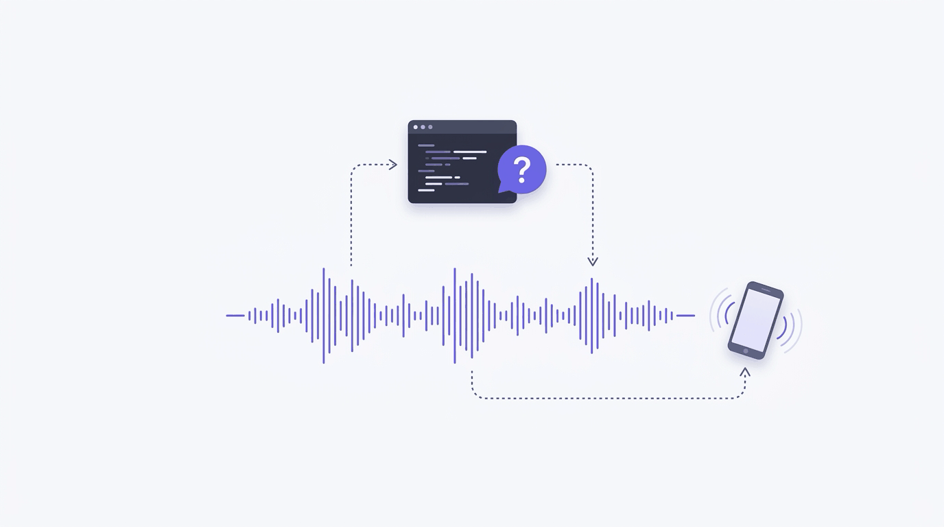 Illustration: a purple sound wave for a live call, with dotted arrows up to a terminal window with a question mark and back down, and a second path to a ringing phone.