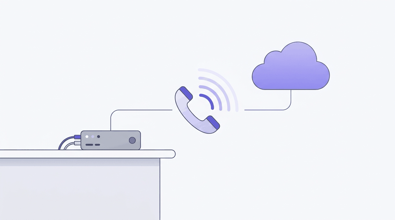 Illustration: a small home server box on a desk and a purple cloud, both wired to one phone handset sending out sound waves.
